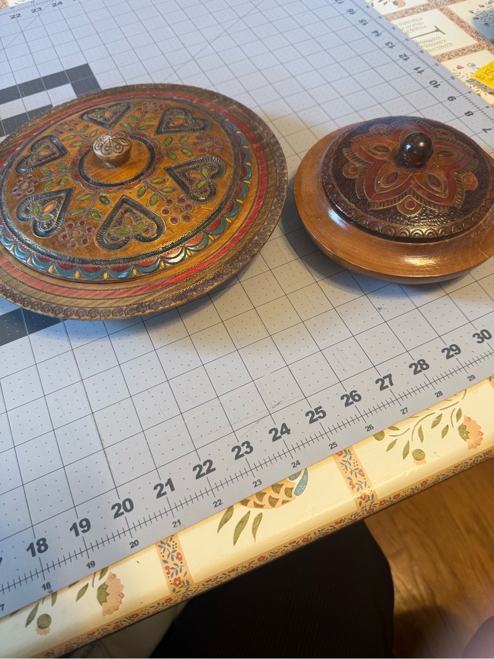 Set of 2 vintage, hand-carved wooden lidded bowls.